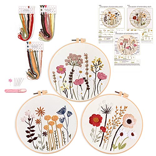 Costand Harimau 3 Pack Embroidery Kit for Beginners , Floral Plant Pattern,Cross Stitch Kits Set , Including Stamped Embroidery Cloth with 3 Embroidery Hoops, Color Threads and Tools (Flower) - Image 1