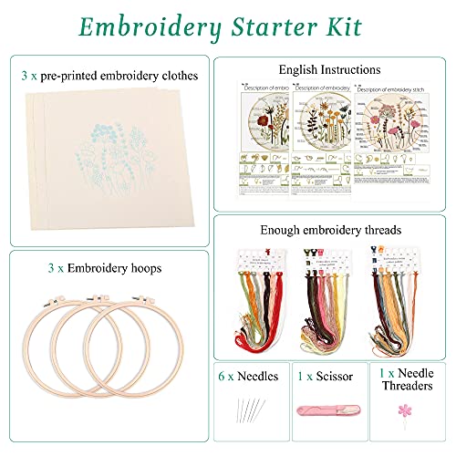 Costand Harimau 3 Pack Embroidery Kit for Beginners , Floral Plant Pattern,Cross Stitch Kits Set , Including Stamped Embroidery Cloth with 3 Embroidery Hoops, Color Threads and Tools (Flower) - Image 2