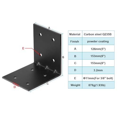 eoere 4 PCS 6" x 6" x 5" Black Steel L Right Reinforced Angle Bracket, Strengthen Metal Joint Support Corner Brace, Thickness 1/8", 11 Gauge, Max.Load 180 lbs - Image 2