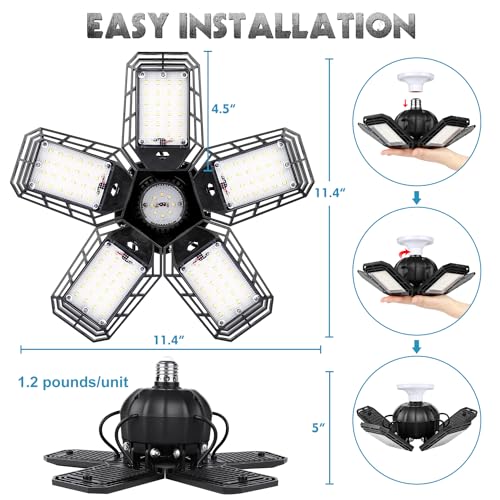 Luyata LED Garage Lights 2 Pack,Ceiling LED Shop Light 160W 16000LM 6500K Screw in Led Light with 5+1 Deformable Panels, Bright Led Lighting for Garage Workshop Basement Support E26/E27 Socket - Image 5