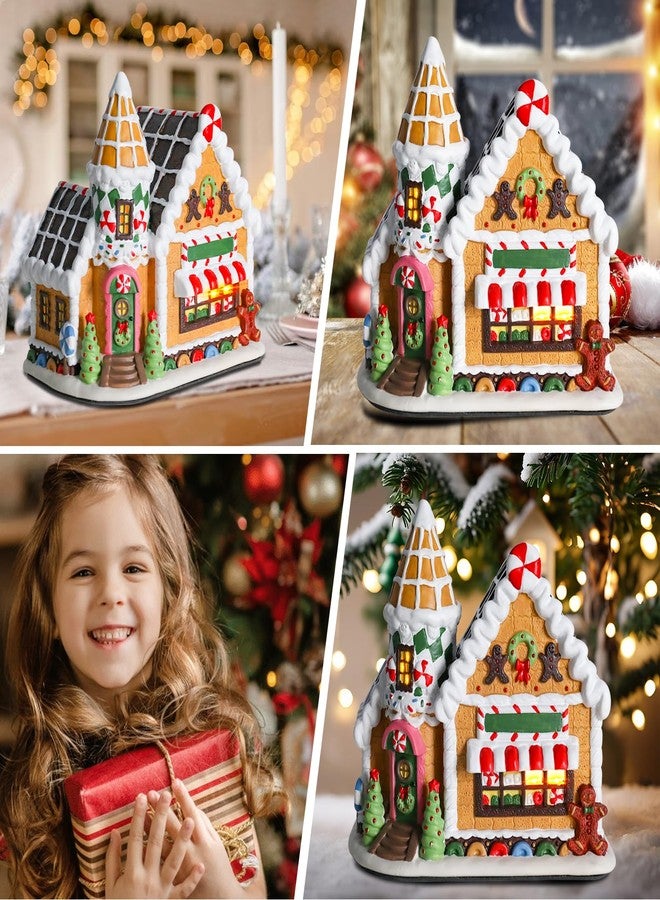 VCUTEKA Gingerbread House Christmas Decorations Indoor, Ceramics Christmas Village with LED Light Ice Cream House, Collectible Buildings for Xmas Mantel, Tabletop, Desk Decor - Image 5