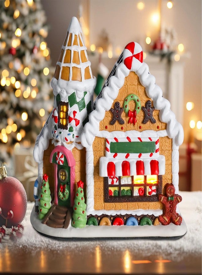 VCUTEKA Gingerbread House Christmas Decorations Indoor, Ceramics Christmas Village with LED Light Ice Cream House, Collectible Buildings for Xmas Mantel, Tabletop, Desk Decor - Image 2