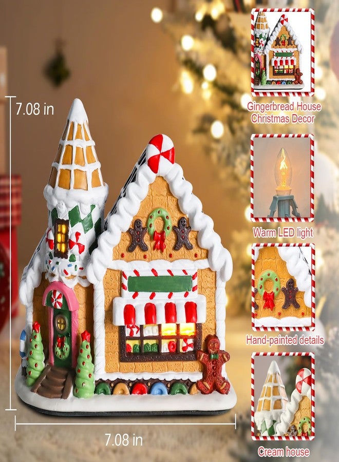 VCUTEKA Gingerbread House Christmas Decorations Indoor, Ceramics Christmas Village with LED Light Ice Cream House, Collectible Buildings for Xmas Mantel, Tabletop, Desk Decor - Image 4