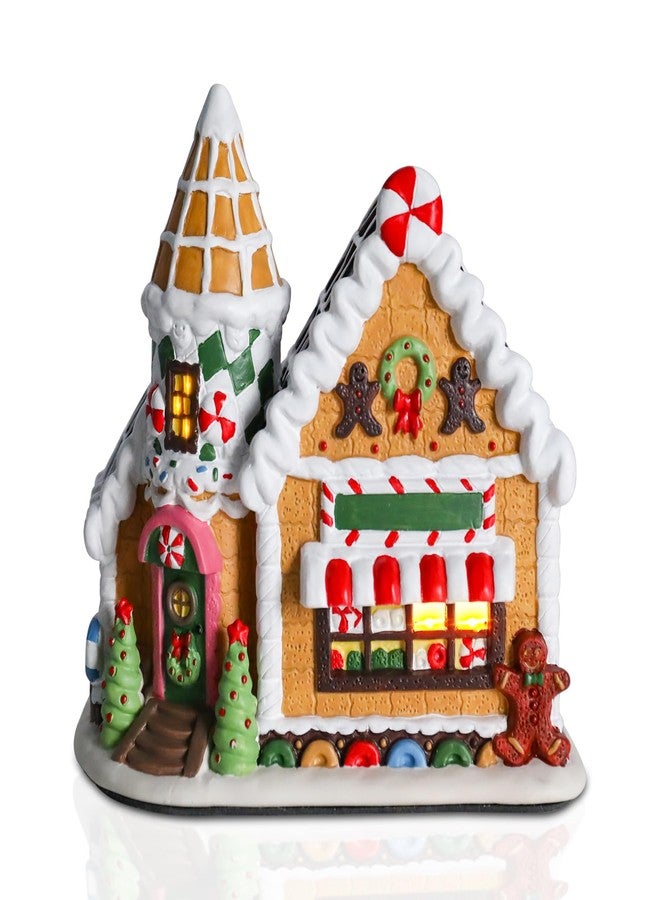 VCUTEKA Gingerbread House Christmas Decorations Indoor, Ceramics Christmas Village with LED Light Ice Cream House, Collectible Buildings for Xmas Mantel, Tabletop, Desk Decor - Image 1