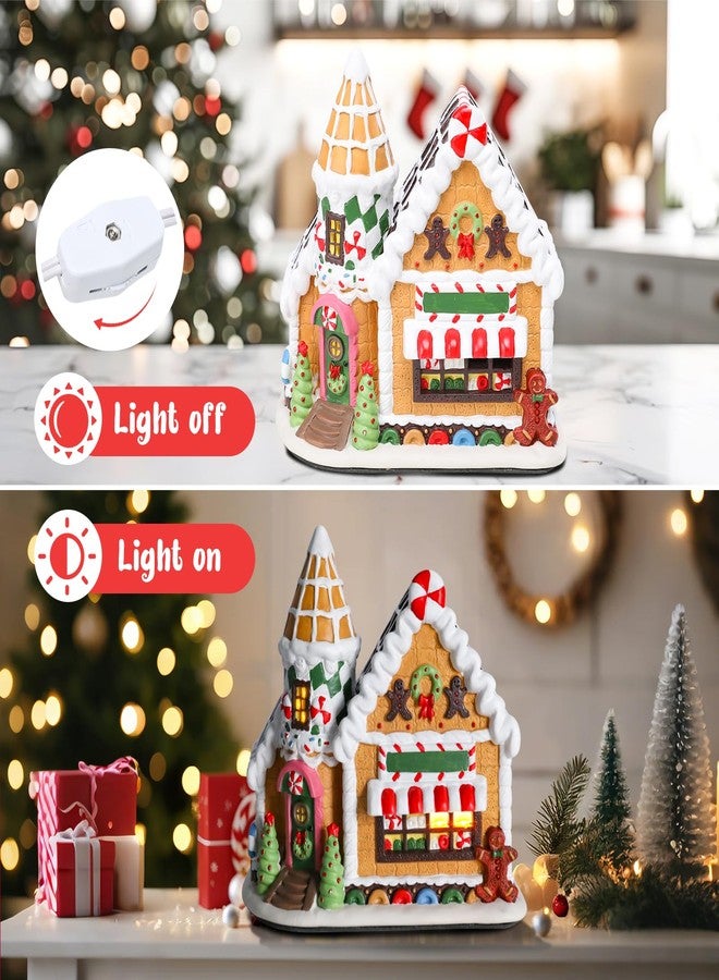 VCUTEKA Gingerbread House Christmas Decorations Indoor, Ceramics Christmas Village with LED Light Ice Cream House, Collectible Buildings for Xmas Mantel, Tabletop, Desk Decor - Image 3