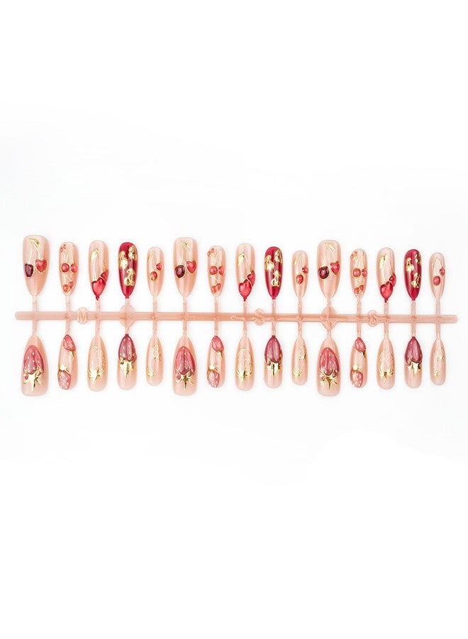 KZBTRBT 30Pcs Short Almond Press on Nails Valentines Fake Nails with 3D Strawberry Cherry Designs Gilded Lines False Nails Nude Glossy Full Cover Fruit Acrylic Stick on Nails for Women Festive Manicure Decor - Image 5