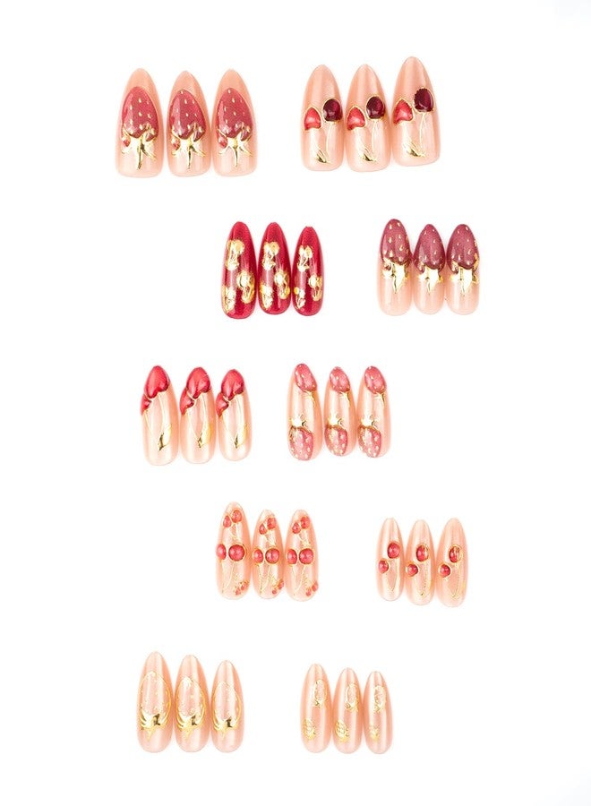 KZBTRBT 30Pcs Short Almond Press on Nails Valentines Fake Nails with 3D Strawberry Cherry Designs Gilded Lines False Nails Nude Glossy Full Cover Fruit Acrylic Stick on Nails for Women Festive Manicure Decor - Image 3
