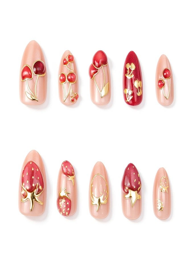 KZBTRBT 30Pcs Short Almond Press on Nails Valentines Fake Nails with 3D Strawberry Cherry Designs Gilded Lines False Nails Nude Glossy Full Cover Fruit Acrylic Stick on Nails for Women Festive Manicure Decor - Image 2