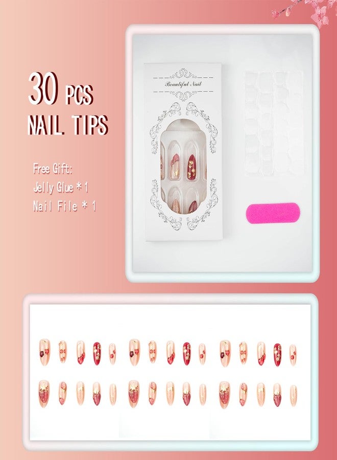 KZBTRBT 30Pcs Short Almond Press on Nails Valentines Fake Nails with 3D Strawberry Cherry Designs Gilded Lines False Nails Nude Glossy Full Cover Fruit Acrylic Stick on Nails for Women Festive Manicure Decor - Image 4