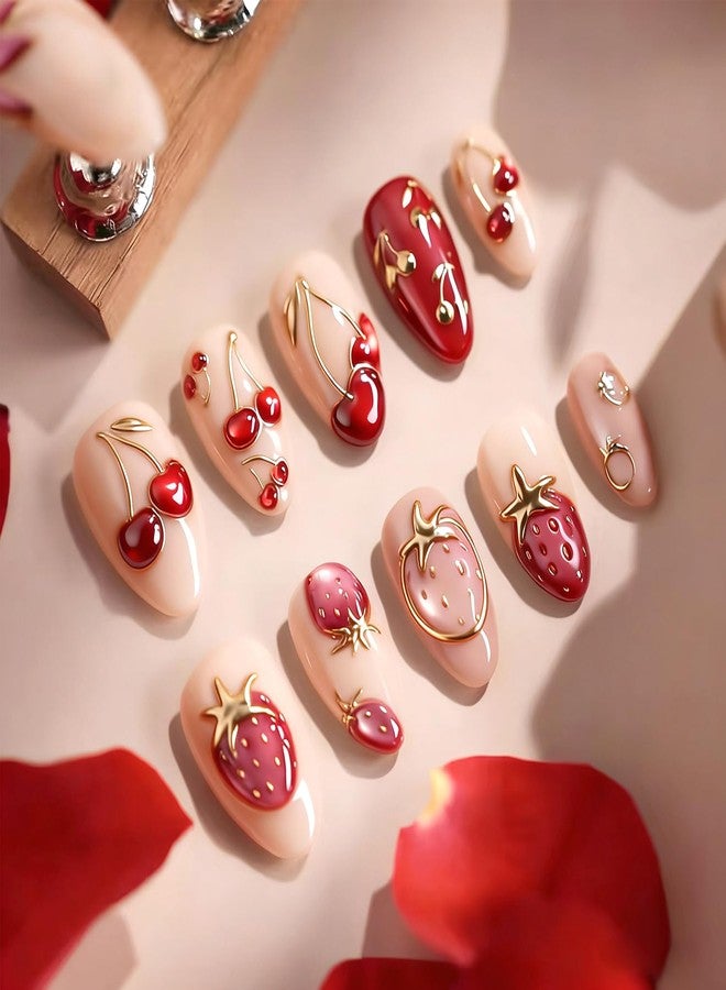 KZBTRBT 30Pcs Short Almond Press on Nails Valentines Fake Nails with 3D Strawberry Cherry Designs Gilded Lines False Nails Nude Glossy Full Cover Fruit Acrylic Stick on Nails for Women Festive Manicure Decor - Image 1