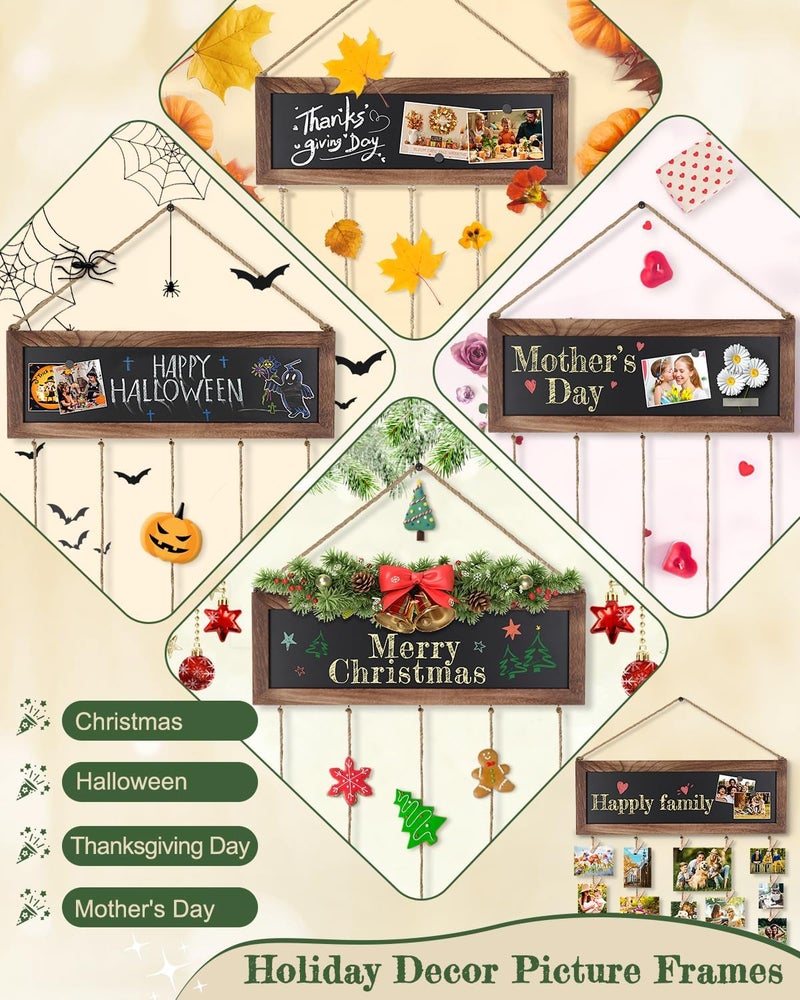 Keebofly Picture Frames Collage Photo Hanging Display Picture Board Wood Rustic Frames for Dorm Room Decor and Wall Decor with Blackboard and 30 Clips Carbonized Black - Image 4