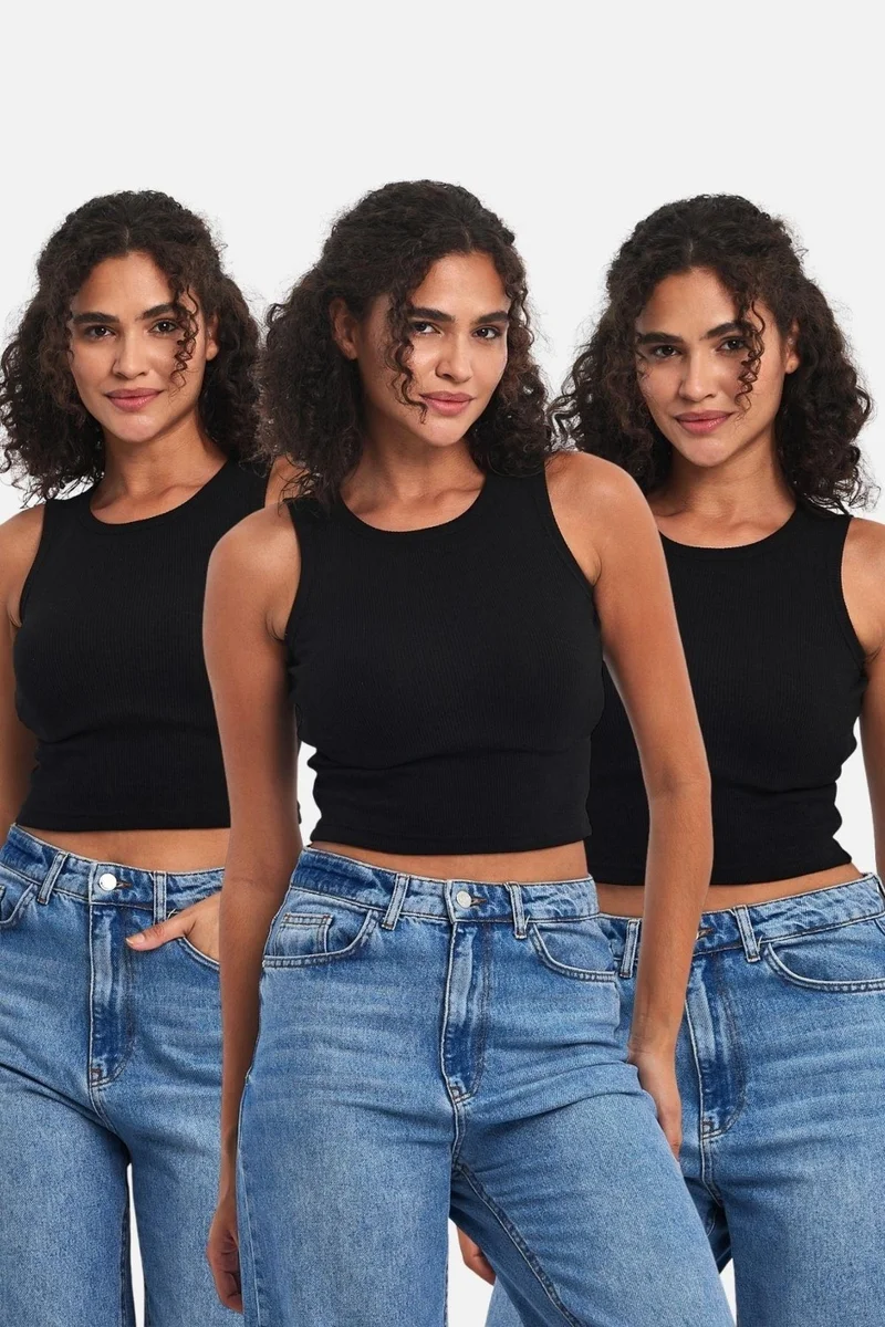 Ribbed Black Crop Halter Neck Zero Sleeve Cotton 3-Pack Women's Undershirt