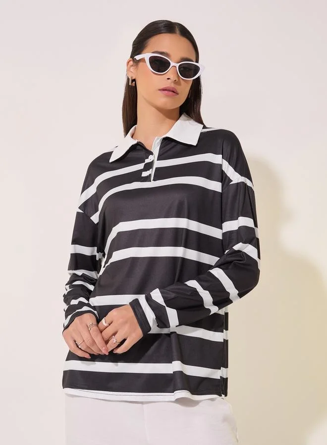 Take Two Stripe Polo Neck Long Sleeve T-Shirt and Pants Set