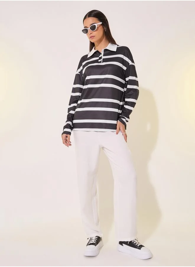 ستايلي Stripe Polo Neck Long Sleeve T-Shirt and Pants Set