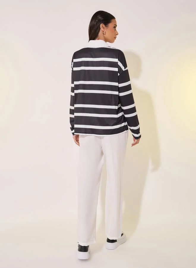 Take Two Stripe Polo Neck Long Sleeve T-Shirt and Pants Set