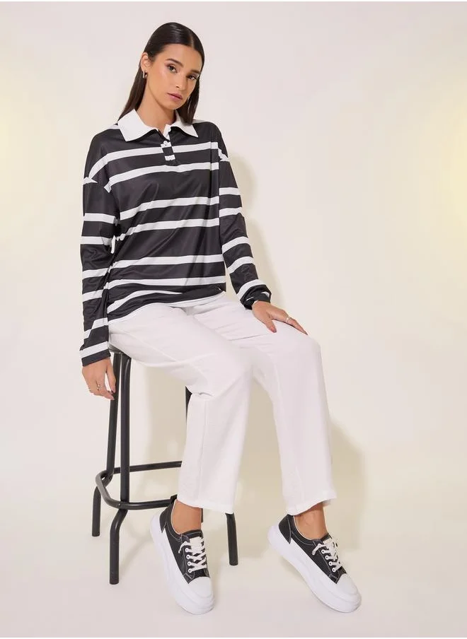 ستايلي Stripe Polo Neck Long Sleeve T-Shirt and Pants Set