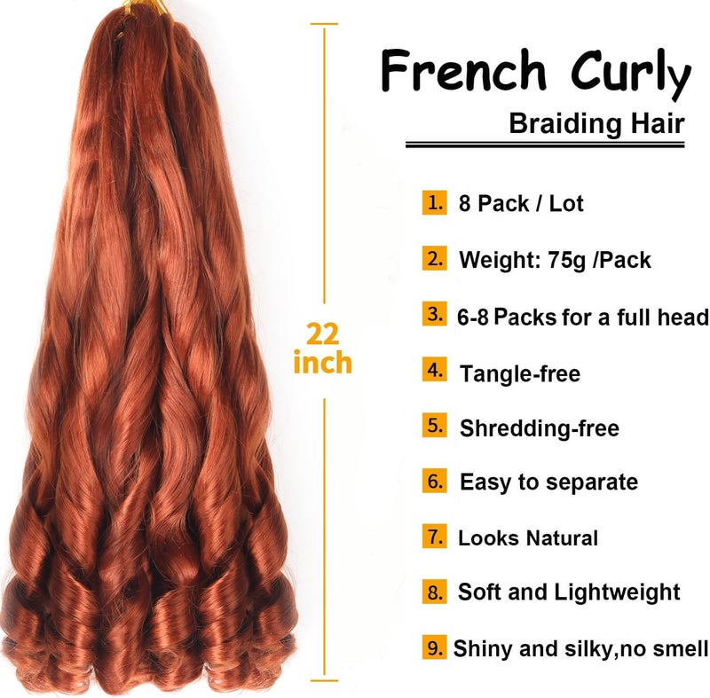 datanala French Curly Braiding Hair 22 Inch 8Pack/lot Ginger Color Loose Wavy Spiral Curl Braids Crochet Hair Deep Wave Synthetic Extensions Pre Stretched Bouncy Braiding Hair wave (350#) - Image 2