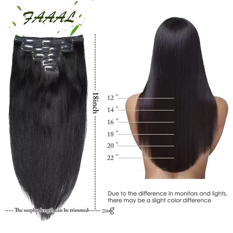 FAAAL 18" Clip in Human Hair Extensions Full Head 150g 7 Pieces 16 Clips Jet Black Double Weft Brazilian Real Remy Hair Extensions Thick Straight Silky (18",150g 1#) - Image 2