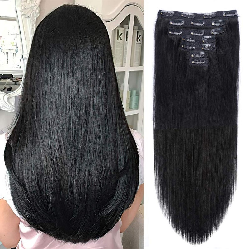 FAAAL 18" Clip in Human Hair Extensions Full Head 150g 7 Pieces 16 Clips Jet Black Double Weft Brazilian Real Remy Hair Extensions Thick Straight Silky (18",150g 1#) - Image 1