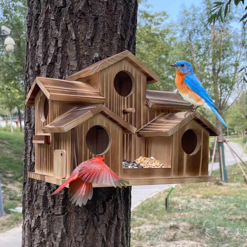 Puyikes Bird House for Outside 5 Hole Bird Houses Room for 5 Bird Families Large Bird House for GardenCourtyardBackyard for Garden DecorFinch Bluebird Cardinals Handmade Wooden Hummingbird House - Image 2