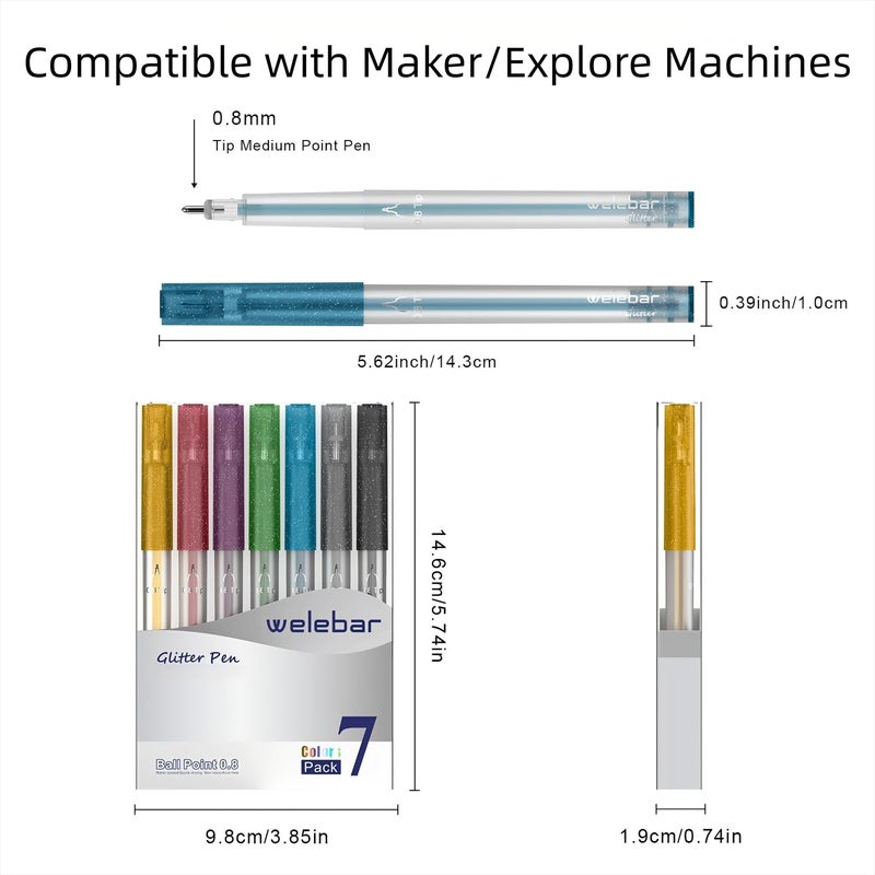 Welebar Glitter Gel Pen Set Compatible with Cricut Maker 3/Maker 4/Maker/Explore 3/Explore 4/Air 2/Air, 0.8 Tip Glitter Pen Set of 7 Pack Medium Point Pen, Writing, Drawing, Invitations, Cards - Image 4