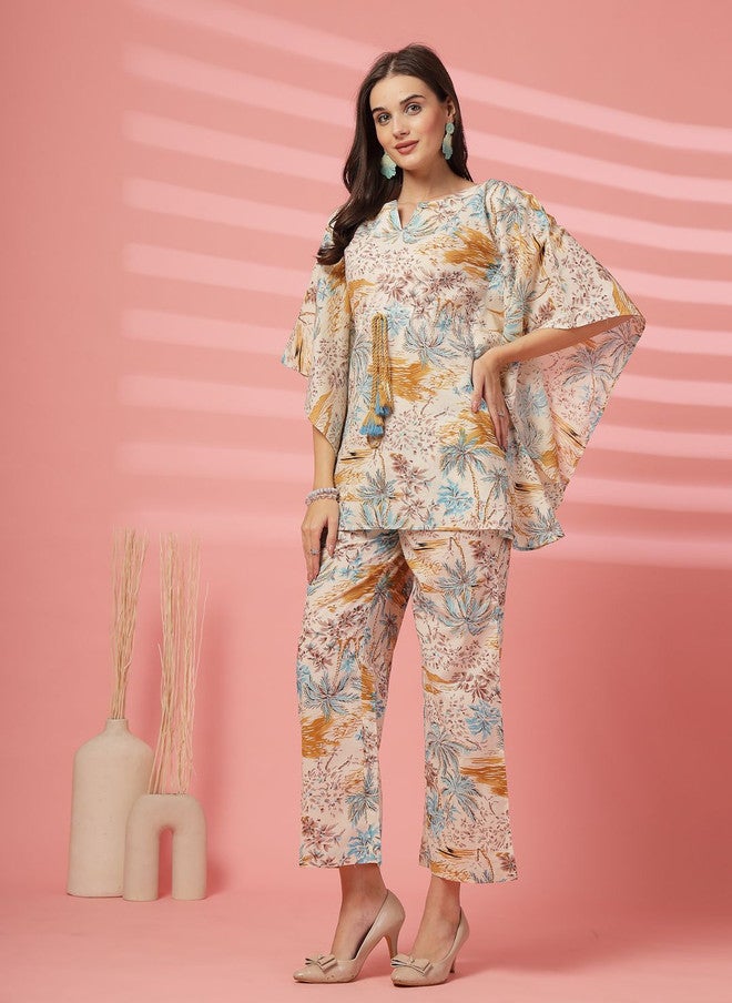 Indibelle Tropical Printed Flared Sleeves Pure Cotton Tunic with Trousers - Image 1