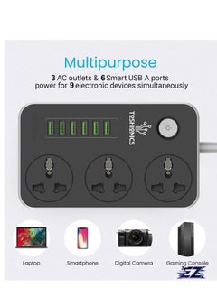 ELTRAZONE 3-Way Power Extension Cord – 6 USB Charging Ports, 3 Universal Plugs, 2 Meter Surge Protection Cable for Home and Office Use  - Image 2