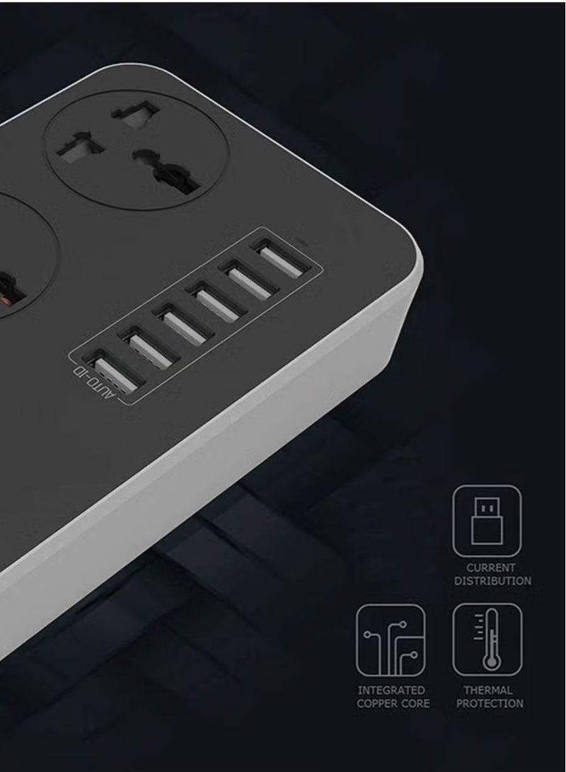 ELTRAZONE 3-Way Power Extension Cord – 6 USB Charging Ports, 3 Universal Plugs, 2 Meter Surge Protection Cable for Home and Office Use  - Image 4
