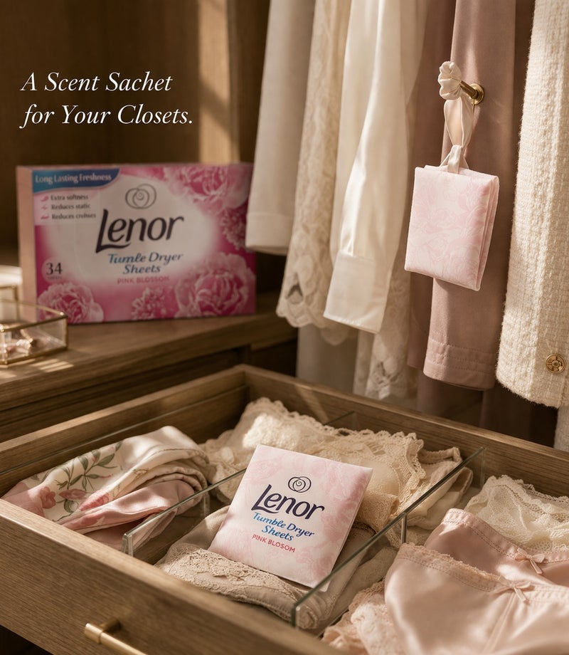 لينور أوراق مجفف الملابس بينك بلوسوم 34 ورقة – منعم أقمشة للمجفف برائحة زهور منعشة، تقليل الكهرباء الساكنة، تقليل التجاعيد ونعومة فائقة للملابس - Image 2