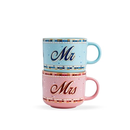 Shay Ceramic Mr Mrs Mugs, Set of 2, 350ml, Pink Blue | Couple Coffee Cups | Large Mugs | Glossy Finish | Premium Ceramic Coffee Cup (Mr & Mrs - Pink & Blue) - Image 1