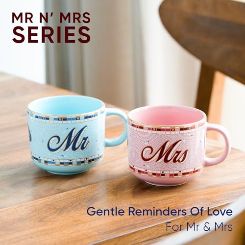 Shay Ceramic Mr Mrs Mugs, Set of 2, 350ml, Pink Blue | Couple Coffee Cups | Large Mugs | Glossy Finish | Premium Ceramic Coffee Cup (Mr & Mrs - Pink & Blue) - Image 3