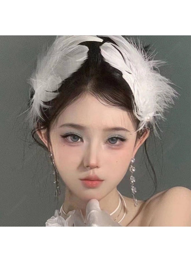 BASEMMAHER 2Pcs White Pearl Ostrich Hair Clip White Swan Feather Hair Pins Ballet Style Accessories For Women Girls Bride Wedding Engagement Birthday Christmas Valentine Stage Performance Headpiece  - Image 4