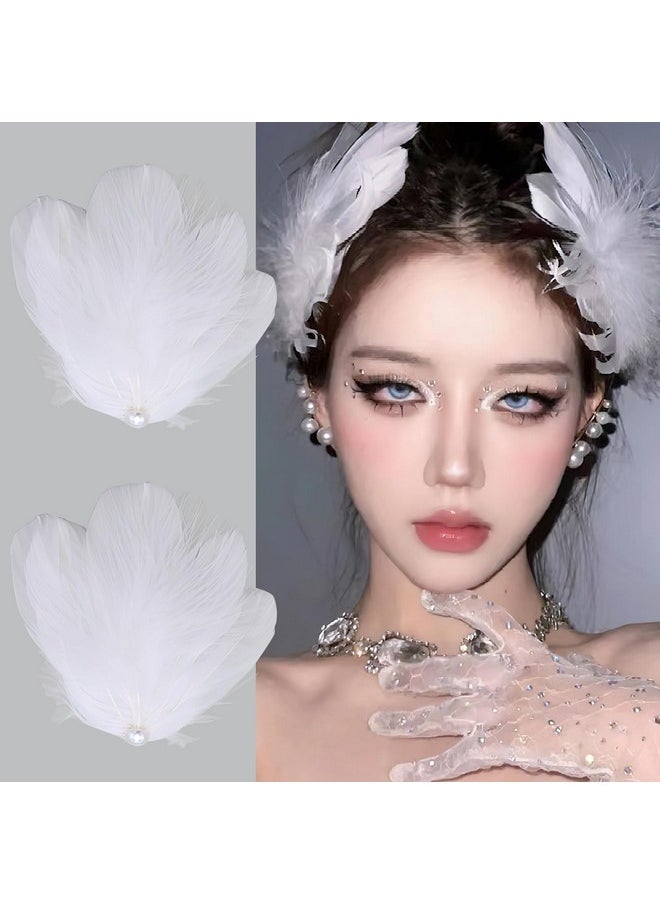 BASEMMAHER 2Pcs White Pearl Ostrich Hair Clip White Swan Feather Hair Pins Ballet Style Accessories For Women Girls Bride Wedding Engagement Birthday Christmas Valentine Stage Performance Headpiece  - Image 1