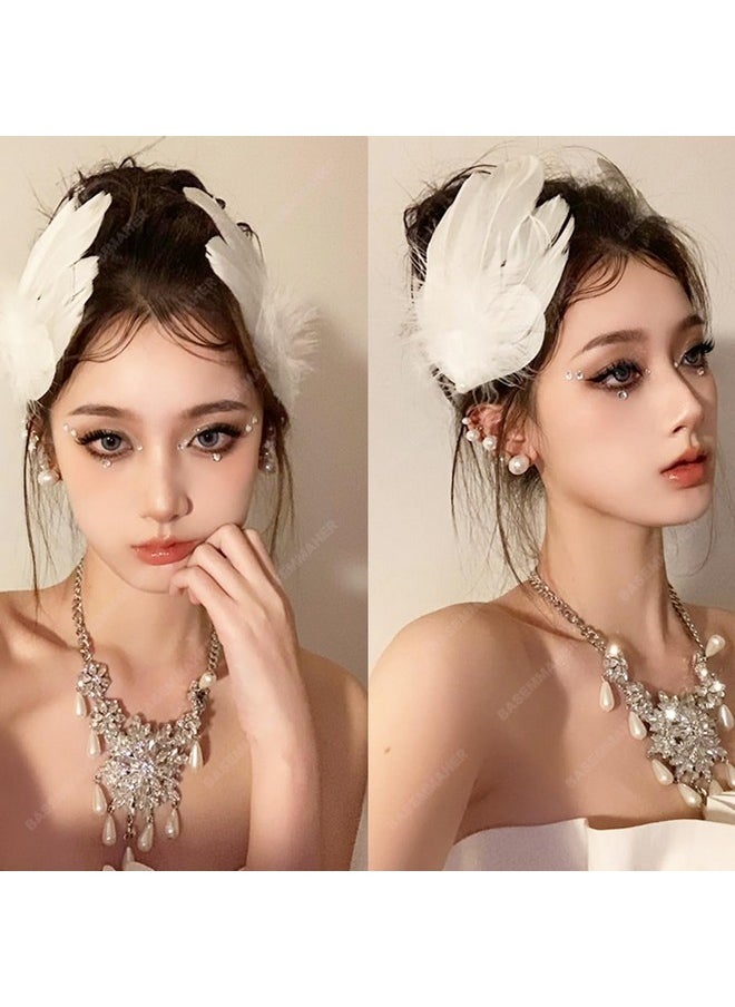 BASEMMAHER 2Pcs White Pearl Ostrich Hair Clip White Swan Feather Hair Pins Ballet Style Accessories For Women Girls Bride Wedding Engagement Birthday Christmas Valentine Stage Performance Headpiece  - Image 5