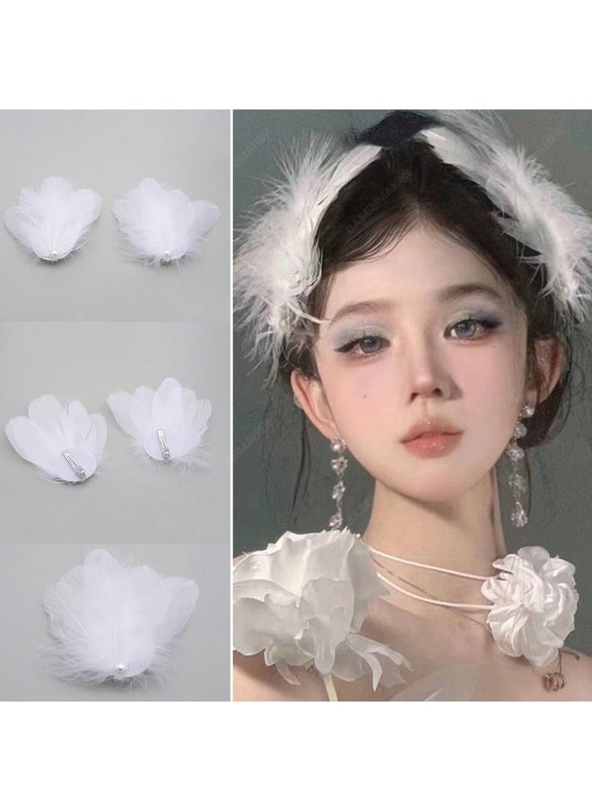 BASEMMAHER 2Pcs White Pearl Ostrich Hair Clip White Swan Feather Hair Pins Ballet Style Accessories For Women Girls Bride Wedding Engagement Birthday Christmas Valentine Stage Performance Headpiece  - Image 2