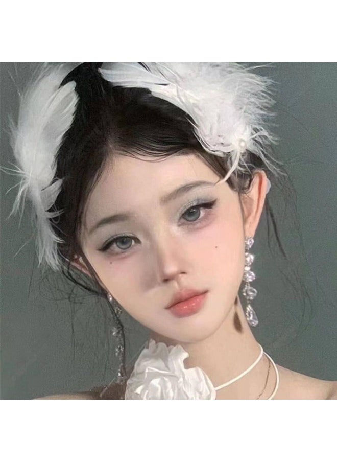 BASEMMAHER 2Pcs White Pearl Ostrich Hair Clip White Swan Feather Hair Pins Ballet Style Accessories For Women Girls Bride Wedding Engagement Birthday Christmas Valentine Stage Performance Headpiece  - Image 3