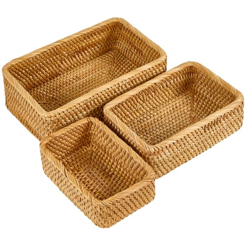 Whalehub Natural Rectangular Rattan Storage Baskets Set of 3 Hand Woven Food and Fruit Serving Baskets Wicker Organizer for Living Room Bedroom Kitchen - Image 1