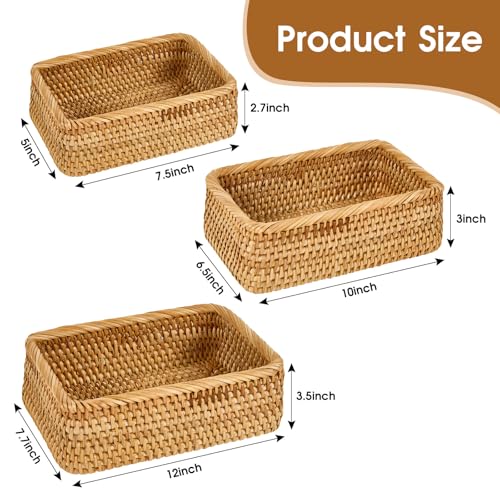 Whalehub Natural Rectangular Rattan Storage Baskets Set of 3 Hand Woven Food and Fruit Serving Baskets Wicker Organizer for Living Room Bedroom Kitchen - Image 3