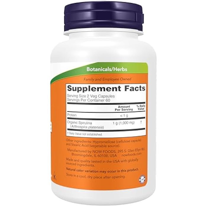 NOW Foods Supplements, Natural Spirulina 500 mg with Beta-Carotene (Vitamin A) and Vitamin B-12, and naturally occurring Protein and GLA (Gamma Linolenic Acid), 120 Veg Capsules - Image 2