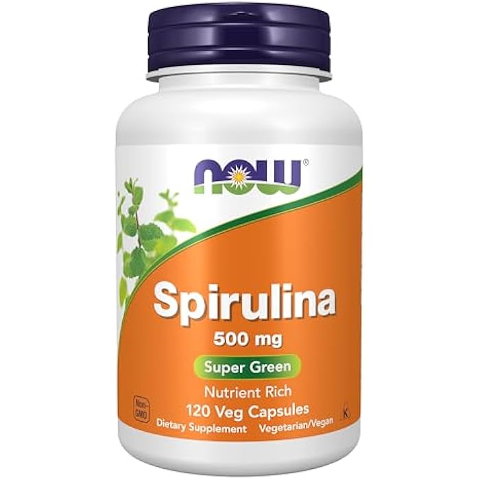 NOW Foods Supplements, Natural Spirulina 500 mg with Beta-Carotene (Vitamin A) and Vitamin B-12, and naturally occurring Protein and GLA (Gamma Linolenic Acid), 120 Veg Capsules - Image 1