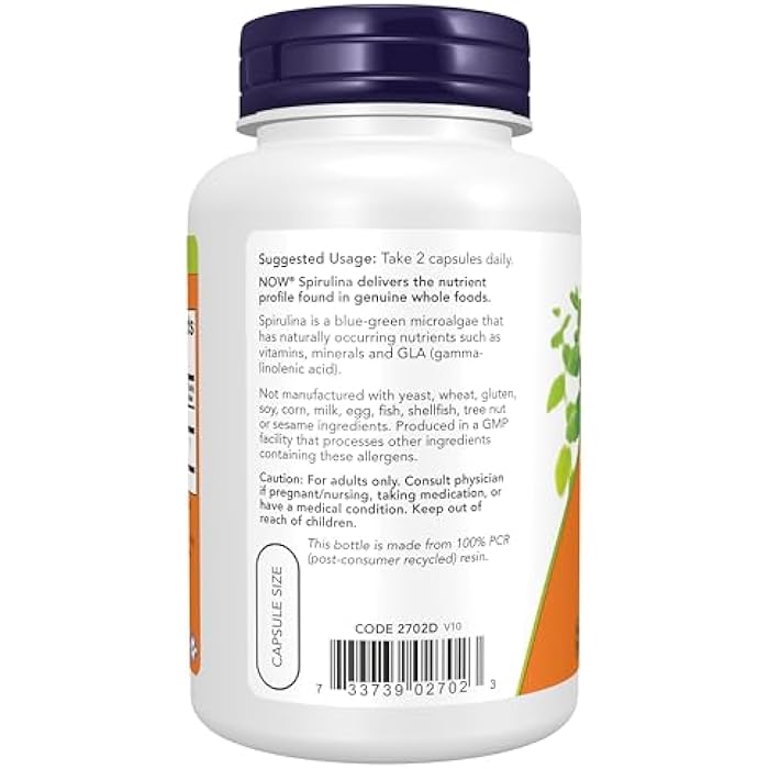 NOW Foods Supplements, Natural Spirulina 500 mg with Beta-Carotene (Vitamin A) and Vitamin B-12, and naturally occurring Protein and GLA (Gamma Linolenic Acid), 120 Veg Capsules - Image 3