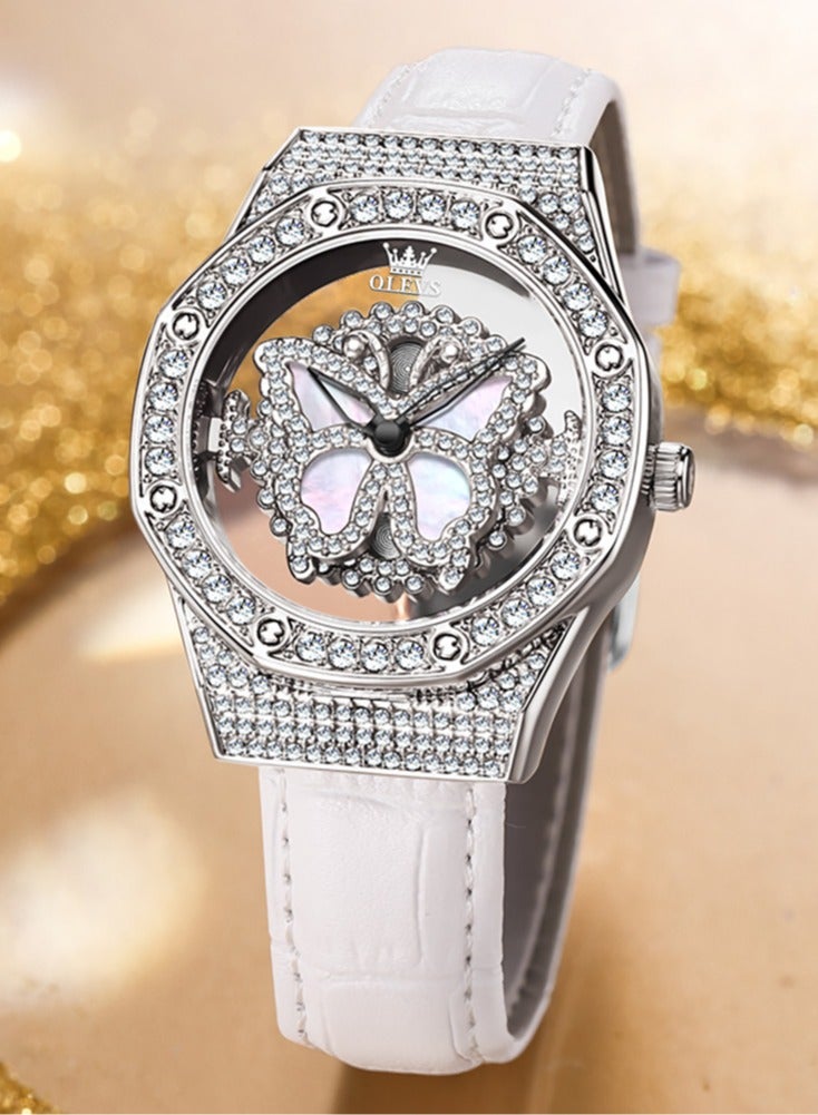 أوليفز ساعة يد نسائية بقرص فراشة دوار 360 درجة مرصعة بالألماس مقاومة للماء بتصميم أنيق وحزام جلدي خفيف الوزن وقابل للتنفس - Image 1