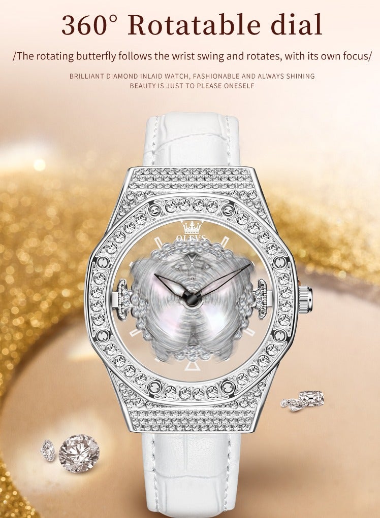 أوليفز ساعة يد نسائية بقرص فراشة دوار 360 درجة مرصعة بالألماس مقاومة للماء بتصميم أنيق وحزام جلدي خفيف الوزن وقابل للتنفس - Image 2