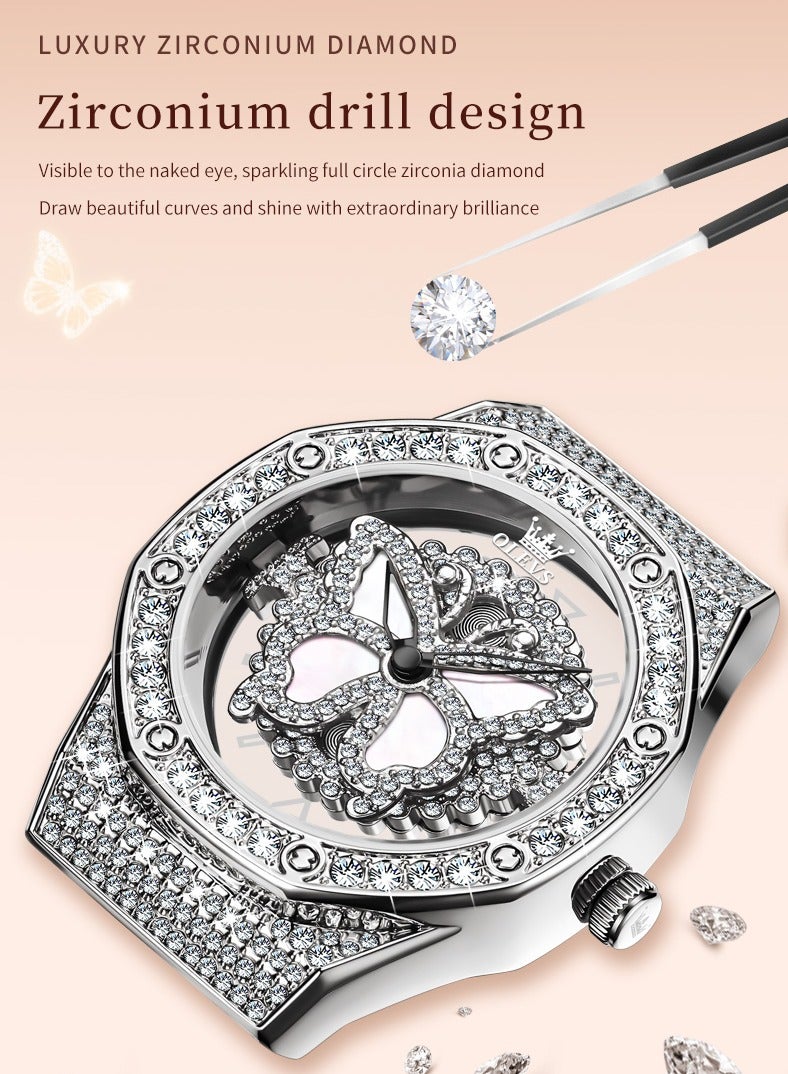 أوليفز ساعة يد نسائية بقرص فراشة دوار 360 درجة مرصعة بالألماس مقاومة للماء بتصميم أنيق وحزام جلدي خفيف الوزن وقابل للتنفس - Image 3