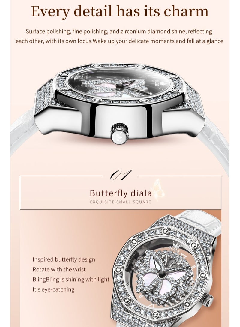 أوليفز ساعة يد نسائية بقرص فراشة دوار 360 درجة مرصعة بالألماس مقاومة للماء بتصميم أنيق وحزام جلدي خفيف الوزن وقابل للتنفس - Image 5