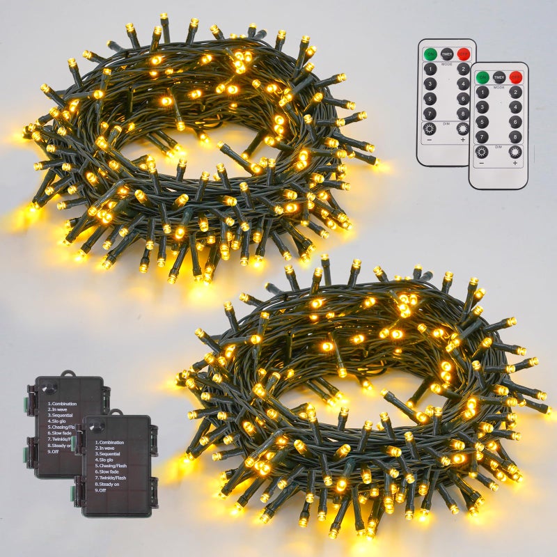 YEGUO String Lights Battery Operated 2 Pack Each 33ft 100 LED Warm White Christmas Lights Outdoor Waterproof 8 Modes Green Wire Fairy Light Indoor with Remote - Image 2
