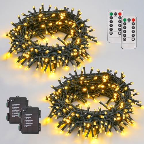 YEGUO String Lights Battery Operated 2 Pack Each 33ft 100 LED Warm White Christmas Lights Outdoor Waterproof 8 Modes Green Wire Fairy Light Indoor with Remote - Image 1