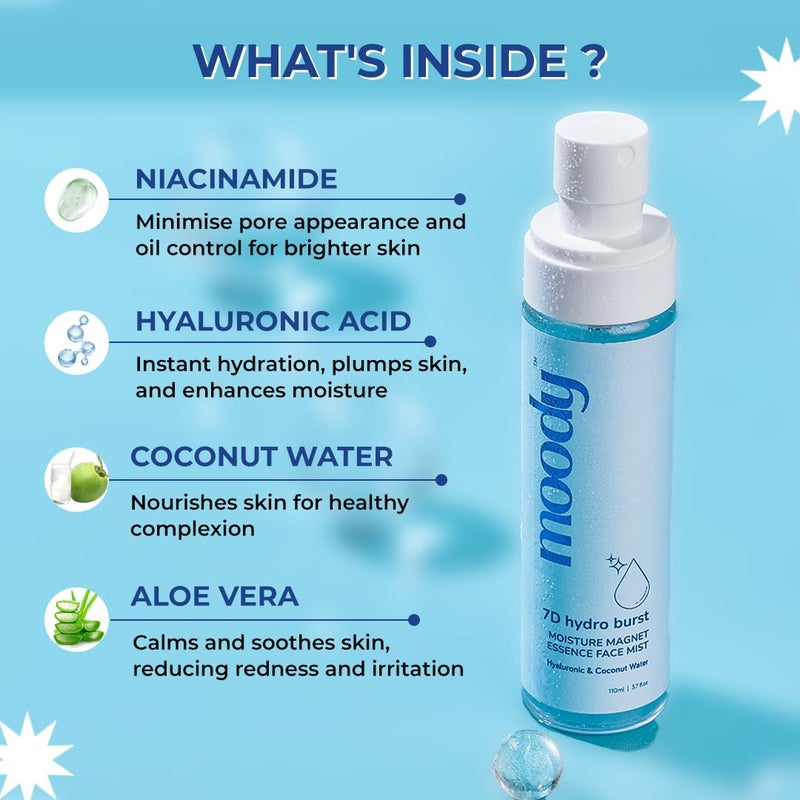 Moody 7D Hydro Burst Hydrating Face Mist  Essence Toner with Hyaluronic Acid Vitamin B5  Rice Water for Hydrated  Plumped Skin  Face Mist for Soothing And Pore Tightening  AlcoholFree Toner for Glowing Skin 100 Vegan  72 Hour Hydration110ml - Image 2