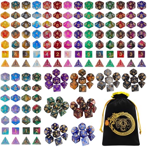CiaraQ DND Dice Sets 26 X 7 Polyhedral Dice 182pcs with a Large Drawstring Bag for Dungeons and Dragons Role Playing Table Game Multiple Colors Glitter Swirl Design with Gold Numbers - Image 1