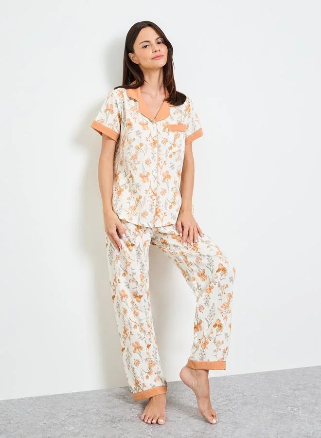 Take Two Off White Floral Print Shirt And Pyjama Set